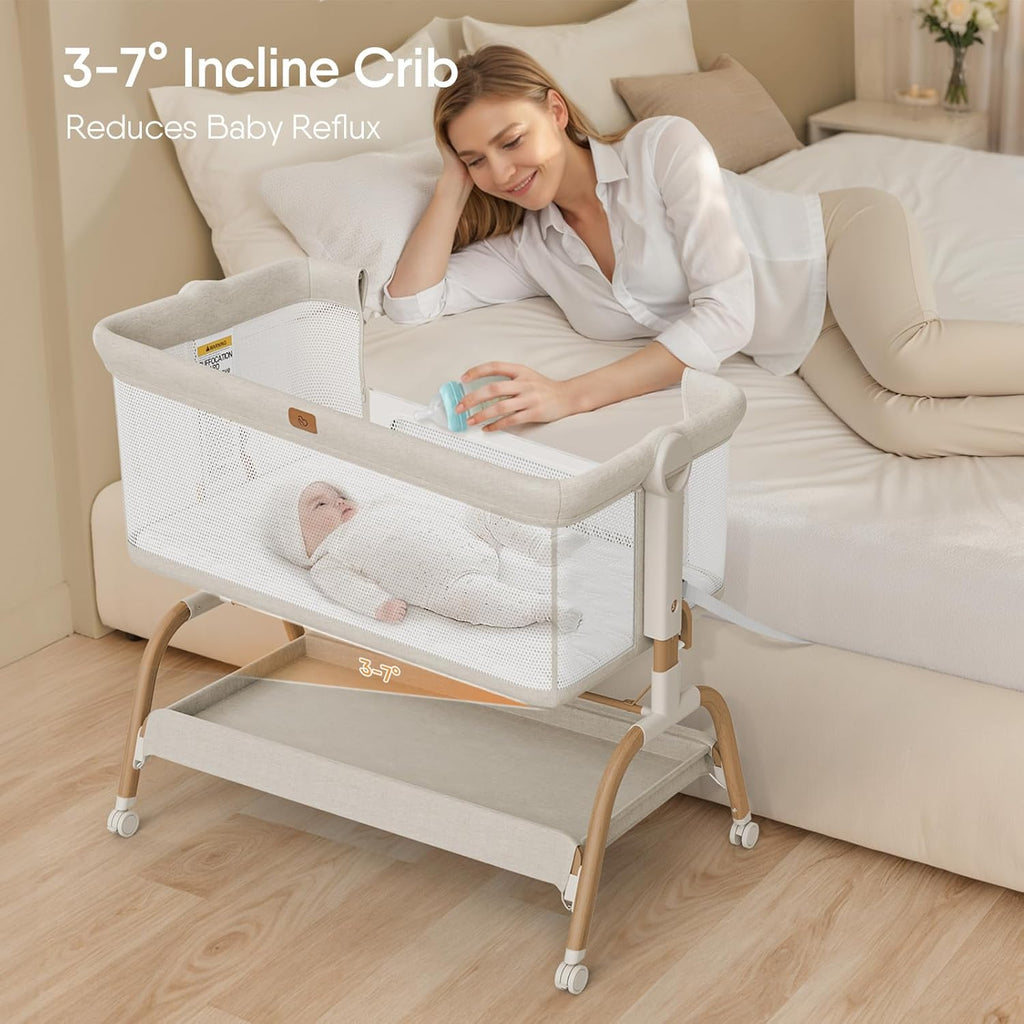 Bassinet Bedside Crib, Stable and Secure Crib for Newborns, Beige | 3-in-1 Baby Bassinet Bedside Sleeper with