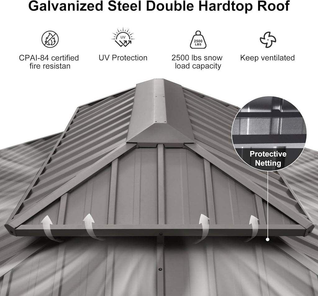 12' x 16' Hardtop Aluminum Gazebo with Double Metal Roof Heavy Duty Permanent Gazebo All Weather Outdoor Pavilion
