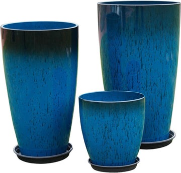 24,21,11 Inch Large Planters with Drainage Hole and Saucer - Set of 3 Tall Plant Pots Indoor Flower Pot Tall Round