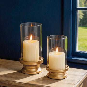Hurricane Candle Holder Gold: Pillar Candle Holders with Clear Glass Sleeve - Set of 2 Decorative Brass Metal Pillars