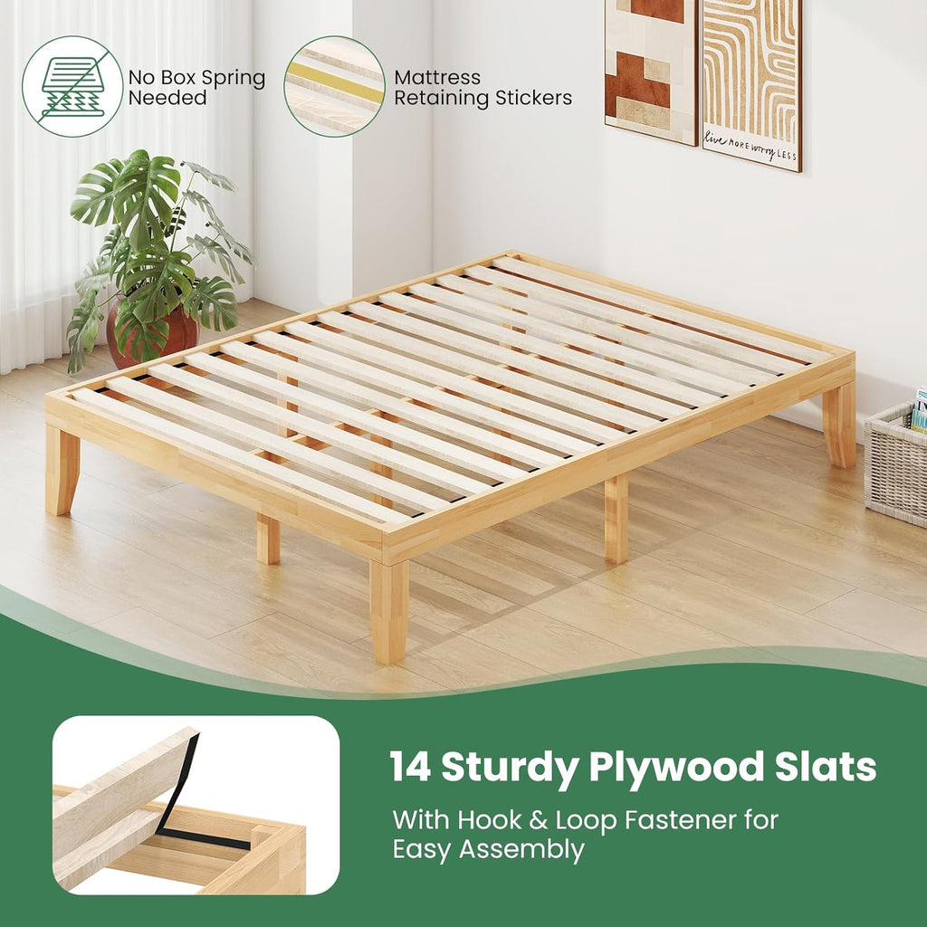 14 Inches Wood Platform Bed Frame Queen, Wooden Mattress Foundation with Rubber Wood Frame, Strong Wooden Slats