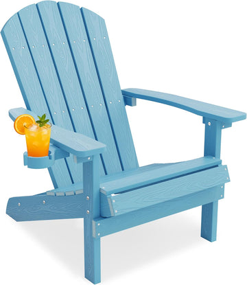 Adirondack Chair with Cup Holder, All-Weather Outdoor Chair, Blue | HIPS Plastic Fire Pit Chair with Wood Texture