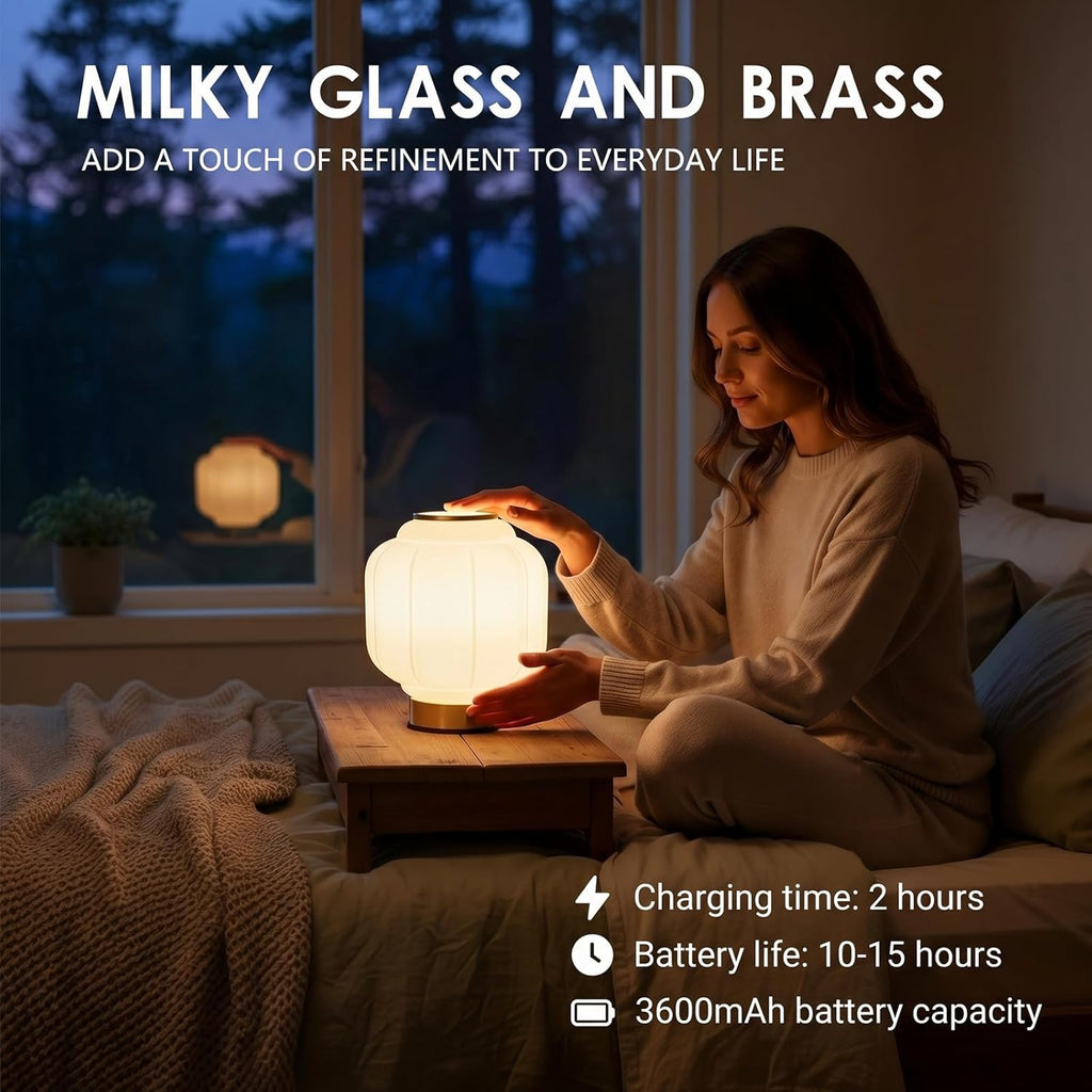 Mushroom Lamp, Cordless Rechargeable Table Lamp with Brass Base & White Glass Shade, 4W Dimmable Bedside Table Lamp