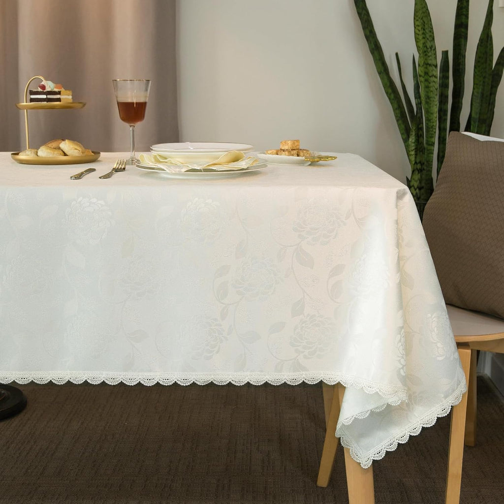 Rose Jacquard Textured Tablecloth Waterproof Spillproof Lace Trim Rectangle Table Cloth, Oblong Tabl