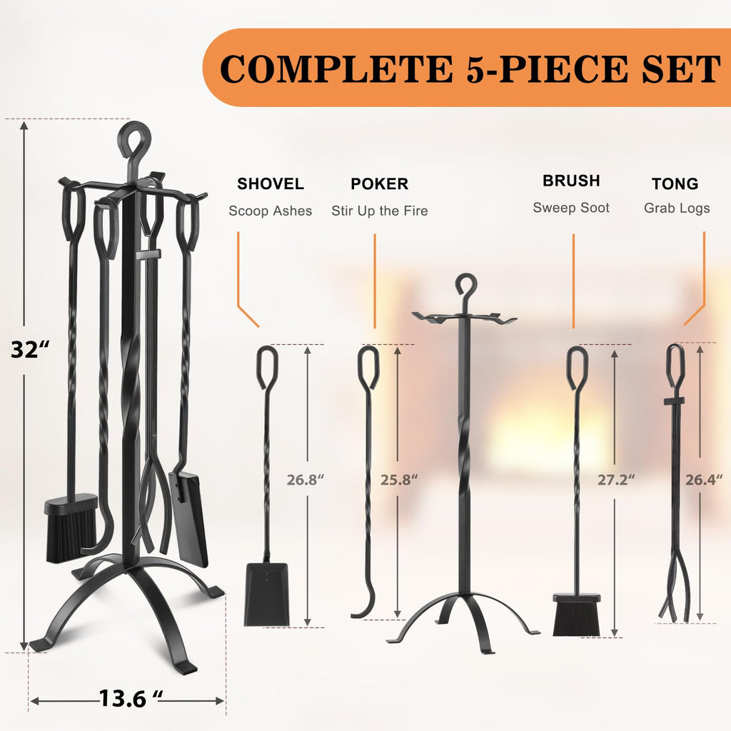 32" Fireplace Tools Set, 5-Piece Solid Wrought Iron with Stand