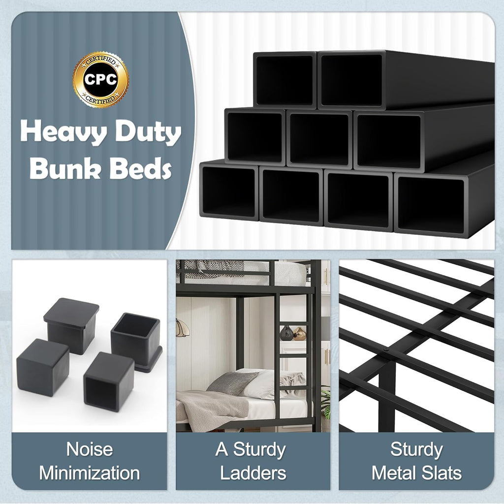 Metal Twin XL Over Twin XL Bunk Bed for Adults/Kids,Heavy Duty Adults Bunk Beds with Guardrail & Ladders,Twin XL Size