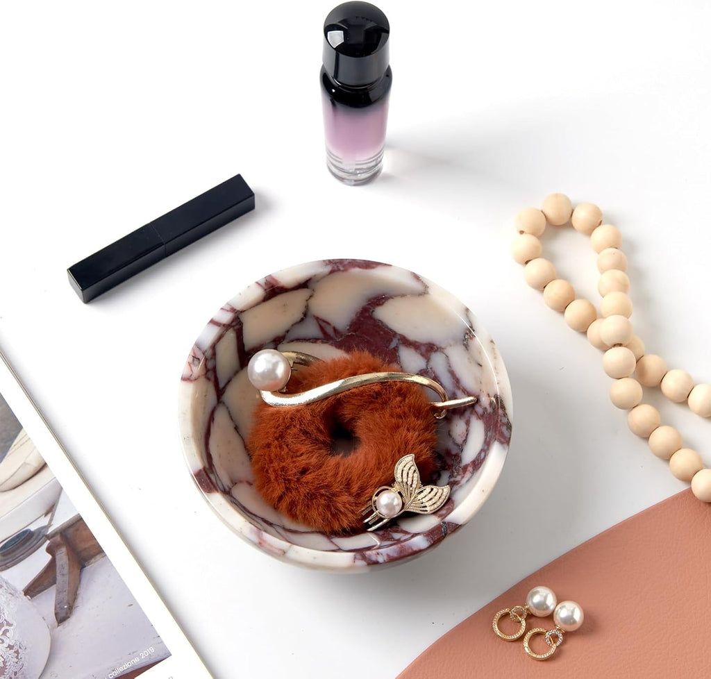 Luxury Natural Marble Catchall Bowl - Small 5.9-Inch Calacatta Viola Marble Table Key Holder, Decorative Jewelry Dish