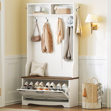 Hall Tree with Bench, Entryway Bench with Coat Rack and Shoe Cabinet, Flip Drawers, Farmhouse Hall Tree with Shoe