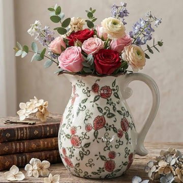 Vintage Ceramic Vase - 8.2 Inch Hand-Painted Roses with Ice Crackle Glaze Finish, American Farmhouse Style Pitcher Vase