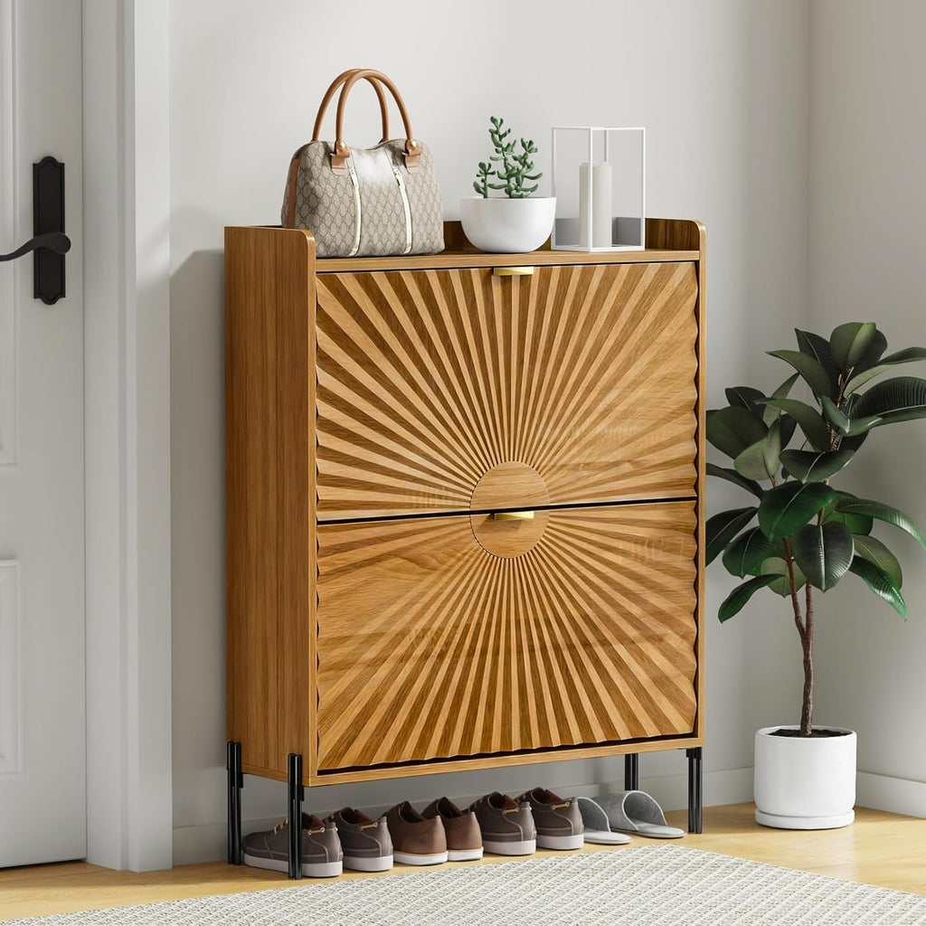 Two-Layer Shoe Cabinet with Two Flip Drawers,Wooden Thin Shoe Cabinet with Metal Handles and Metal Legs,Anti-Dump