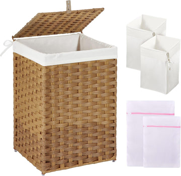 Laundry Hamper with Lid, 60L Clothes Hamper with 2 Removable Liner Bags & 2 Mesh Laundry Bags, Handwoven Synthetic