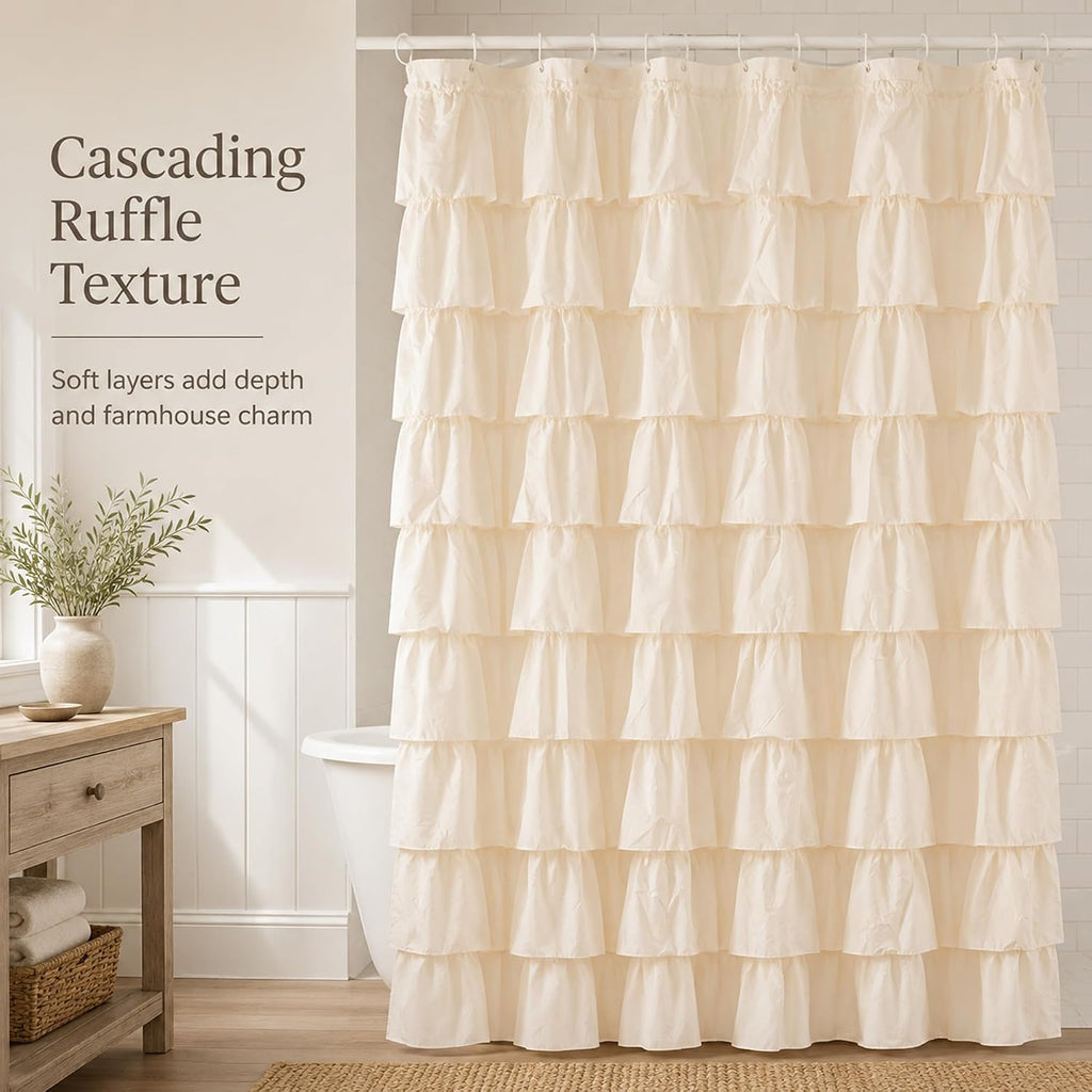 Beige Ruffle Shower Curtain , 72x72, Elegant Ruffled Panle | Soft Cream Color, Cascading Waterfall Ruffles, 72 x 72