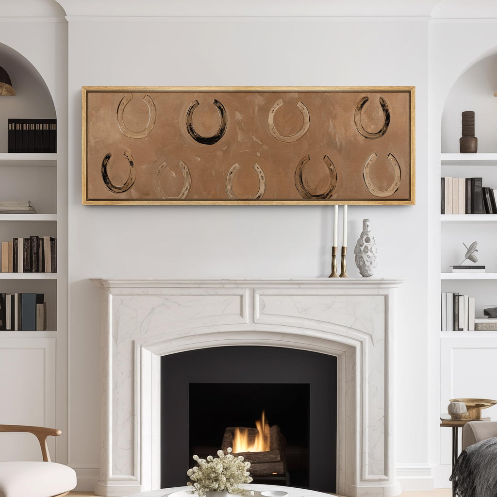 Large Framed Canvas Print Wall Art Rustic Horseshoe Pattern Western Country Abstract Brown Horse Illustrations Modern