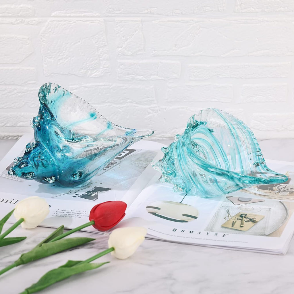 Hand-blown glass conch sculpture, modern green sea glass art decorative conch statue, coastal decor shell sculpture