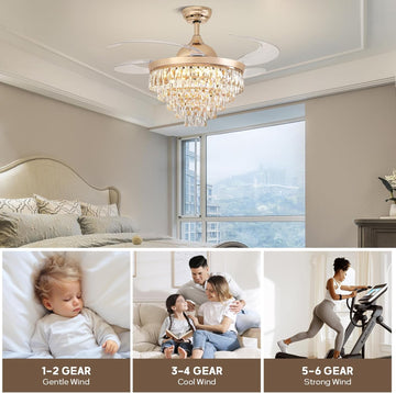 48" Crystal Ceiling Fans with Lights and Remote, Dimmable, 6 Speeds, Luxury Chandelier Fan Rose Gold Crystal Fandelier