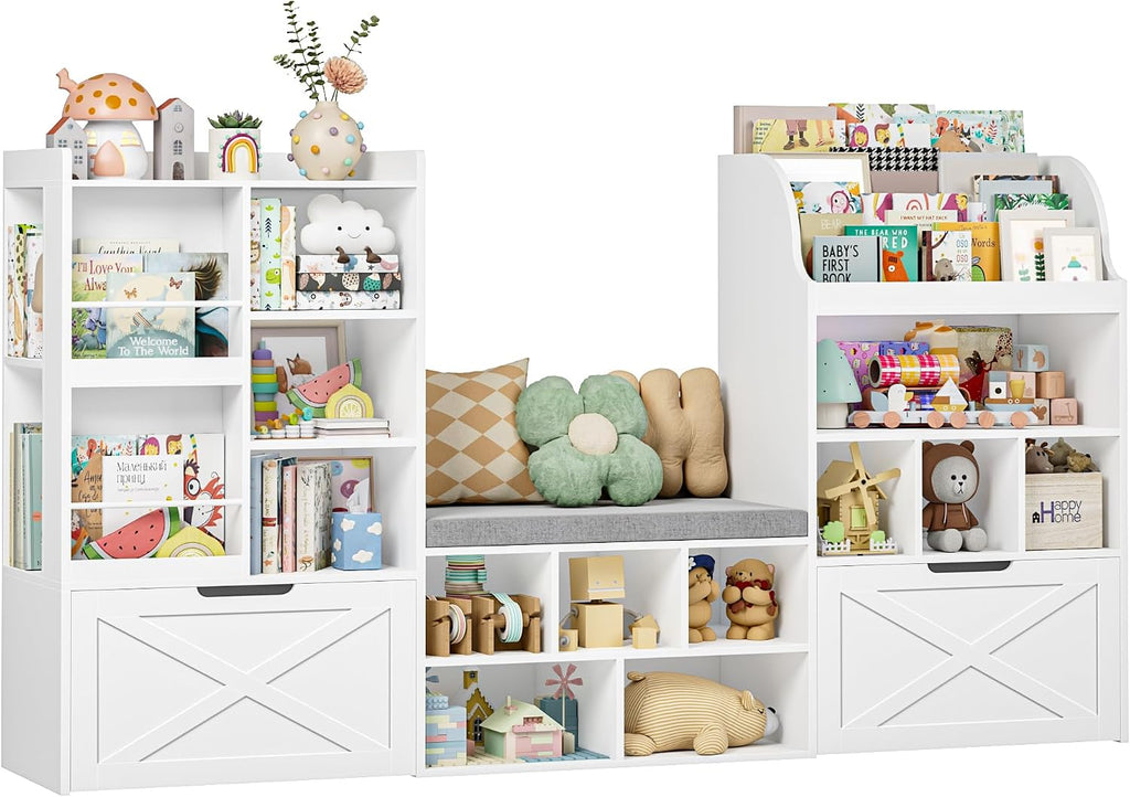 Kids Bookshelf with Reading Nook, Toy Organizer with Seat Bench | Large Toy Storage Toy Organizer with Seat Cushion