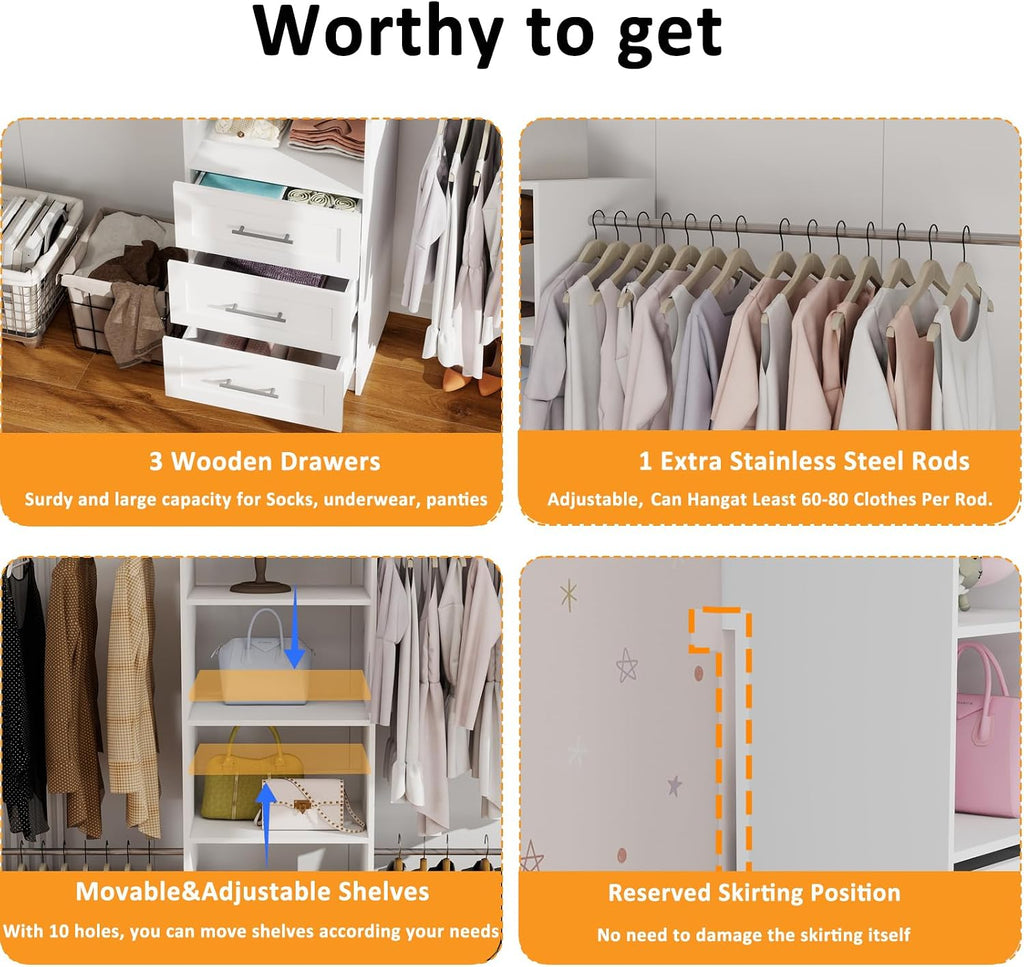 Closet System with 3 Drawers and Shelves, 81" Wood Closet Organizer System, 2FT Modular Closet System for Walk in