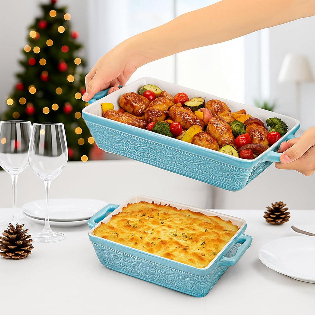 Set of 3 Ceramic Dishes, Rectangular Bakeware with Handles, Elegant Casserole Dish Set Lasagna Pan for , Cooking