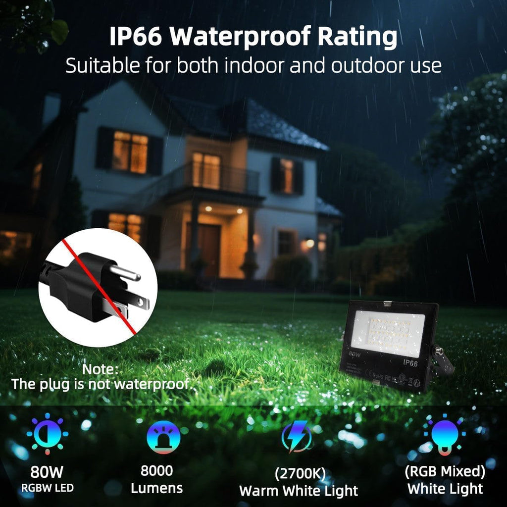 LED Flood Light 80W, 8000LM, Outdoor RGB Color Changing, Smart Floodlights RGBW 2700K Warm White & 16 Million Colors