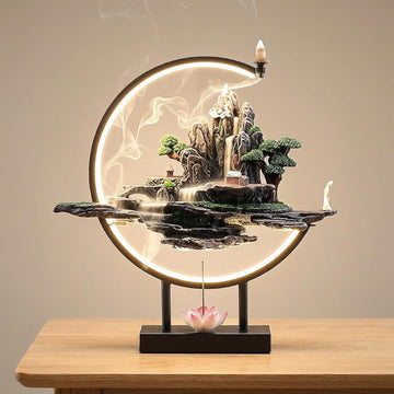 Backflow Incense Waterfall Fountain Burner with Adjustable LED Light Ring,Resin Rockery Landscape Ornament
