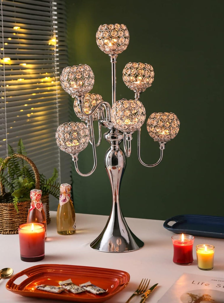 Silver Candle Holders for Table Centerpiece 7 Arms Tall Crystal Candelabra Home Wedding Decor Christmas Decorations