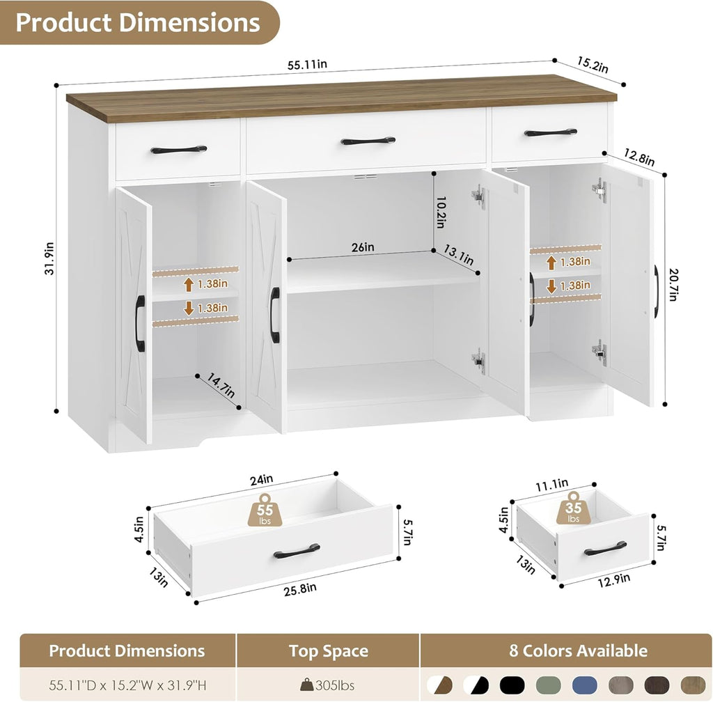 Buffet Cabinet with Drawers, 55" Large Sideboard Buffet Storage Cabinet with Shelves and Doors