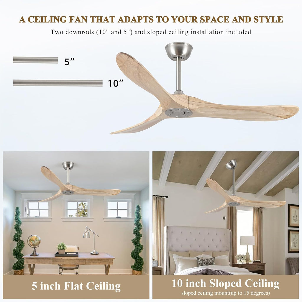 Inspired Maverick Style 52" Modern Ceiling Fan, No Light, 6-Speed, Reversible, Timed Shutdown, DC Motor, Natural Wood 3 Blade, Porch, Bedroom, Living Room