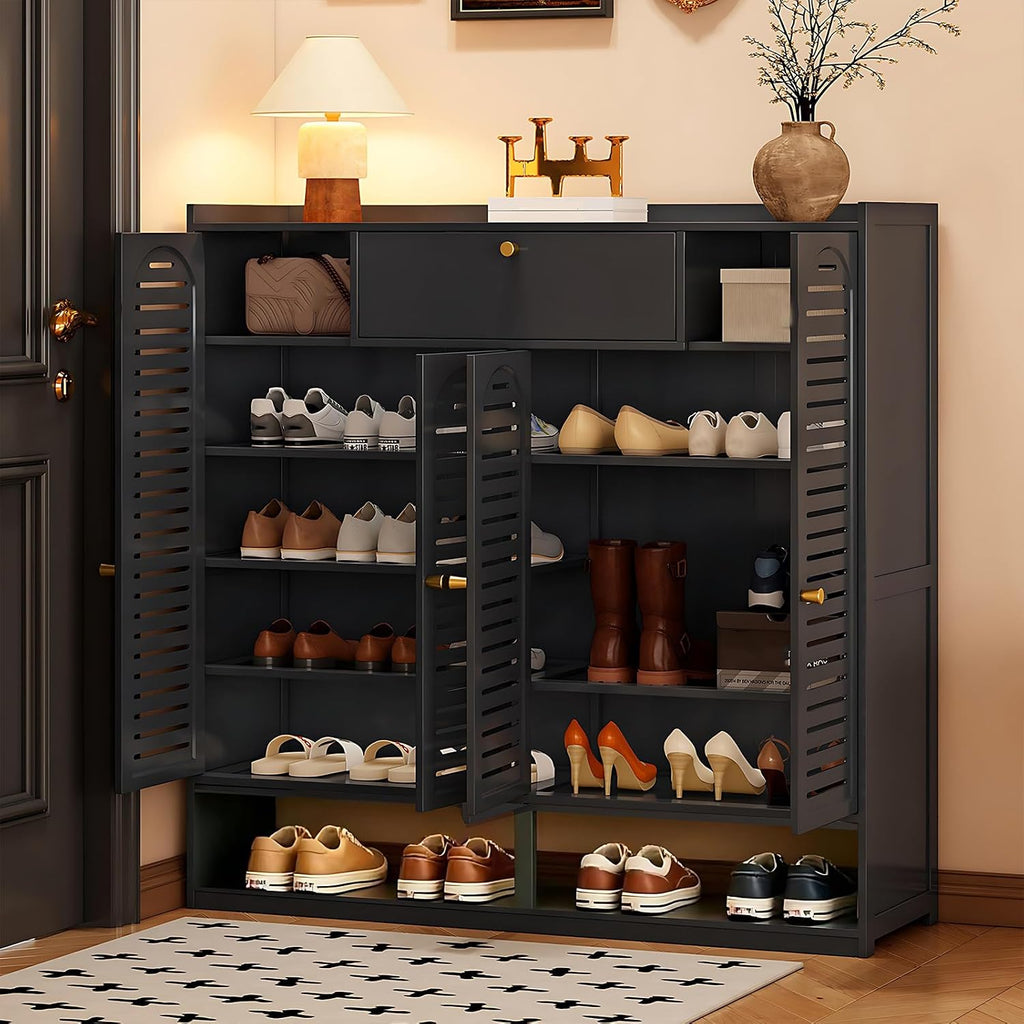 Shoe Cabinet with Louvered Doors, Freestanding Entryway Shoe Storage Cabinet with Drawer & Open Compartment, Modern