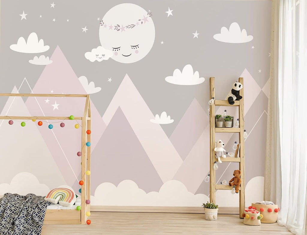 119.6x83inch Large Cartoon Geometric Mountain Wallpaper White Moon and Clouds Wall Decor Decals Murals Peel and Stick