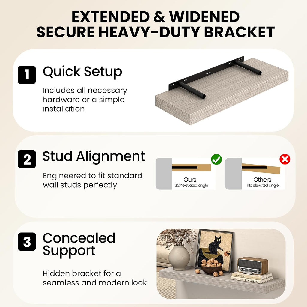 24" Floating Shelves for Wall, Set of 3, 8" Deep, 1.5" Thick, Gray | Rustic Wood Wall Shelves with Invisible
