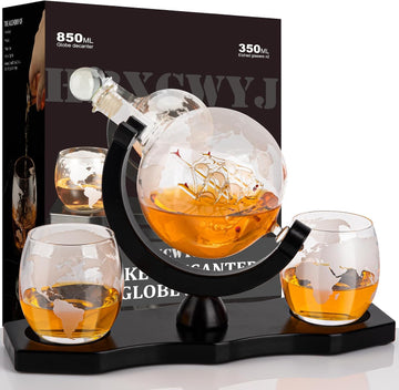 Gifts for Men Dad Husband, Whiskey Decanter Globe Set with 2 Glasses & Walnut Tray-Great Gift Idea for Whiskey