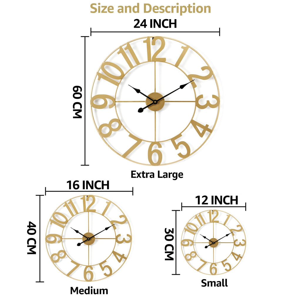 Large Wall Clock, Metal Frame, Battery Powered (24 Inch, Gold)