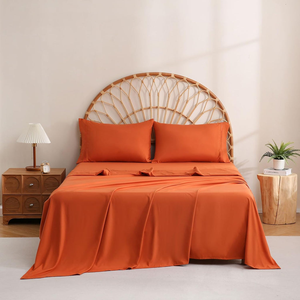 Orange Sheet Set with Side Storage Pocket, 4 Piece Soft Microfiber Bed Sheets Deep Pocket Corner Straps