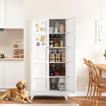 Metal Storage Cabinet with 2 Doors and 4 Adjustable Shelves,- 72" White Kitchen Pantry Storage Cabinet