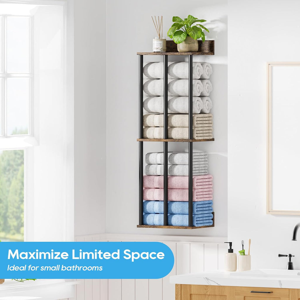 Towel Racks Wall Mounted with Wooden Storage Shelf | Updated 3 Bar Metal Towel Holder for Rolled Towels, Sturdy and