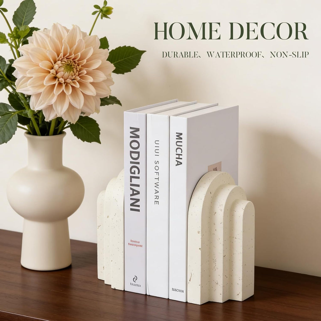 Ends for Heavy Books, Beige Modern Pleasing Layered Arch Design | Aesthetic Bookend Decorative, Concrete Book Ends to