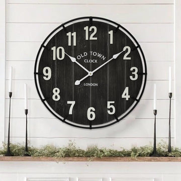 Large Old Town Farmhouse Black Wall Clock 24 Inch Rustic Antique Wood with Metal Circle and Large Numerals Silent