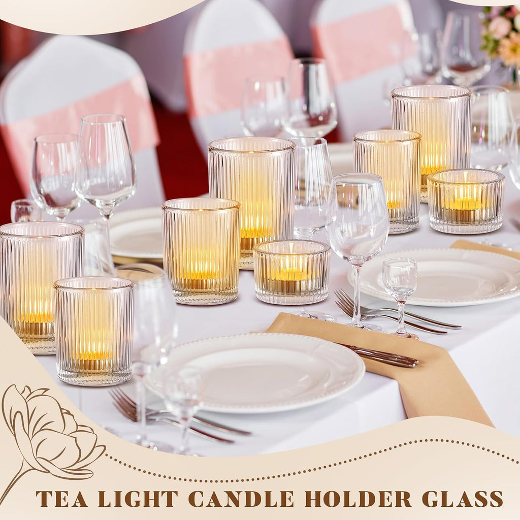 24 Pcs Assorted Votive Candle Holders Ribbed Glass Tealight Candle Holder Bulk for Table Centerpiece, Baby Shower