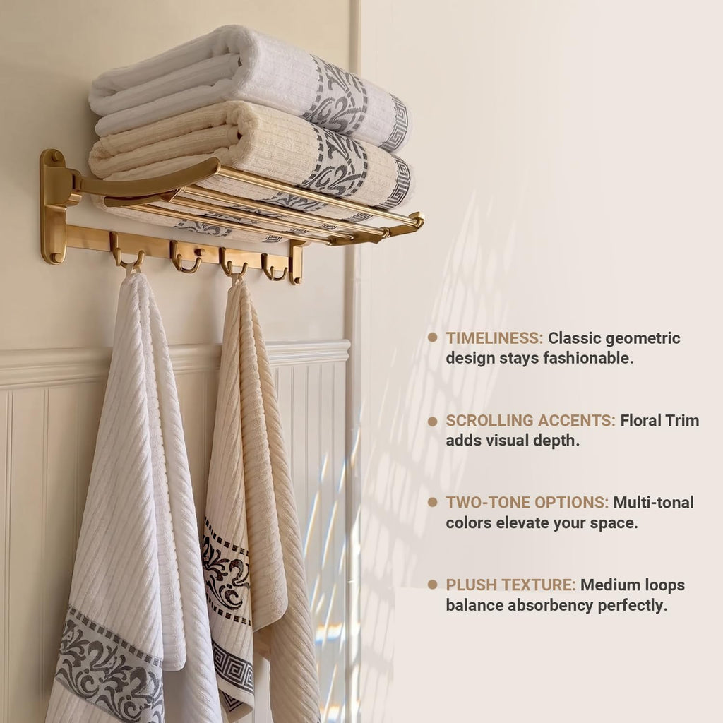 6-Piece Cotton Towel Set, Decorative Greek Pattern, Home Essentials, Absorbent Towels, Bathroom Decor, Spa, Resort