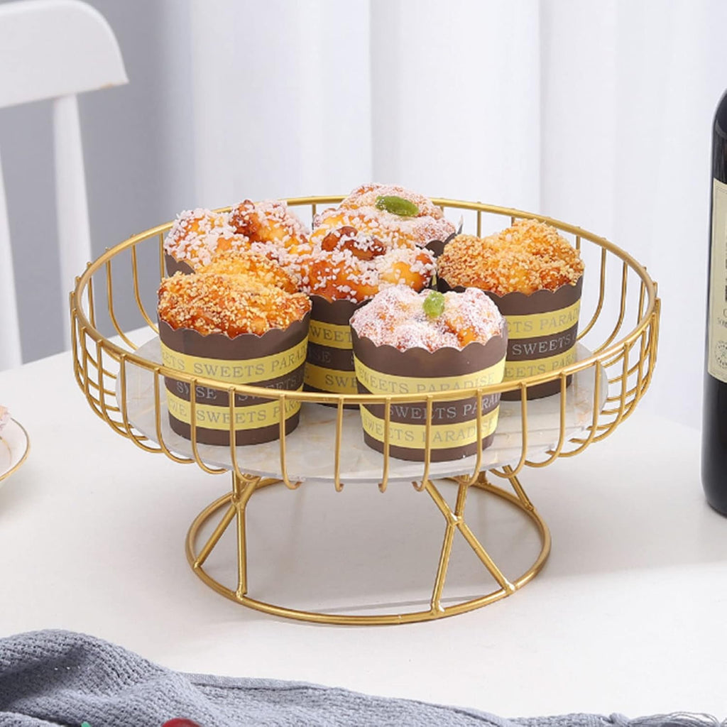 Metal Wire Fruit Basket, 9 inch Pedestal Fruit Bowl with Marble Tray, Decorative Iron Wire Bread Snacks Holder
