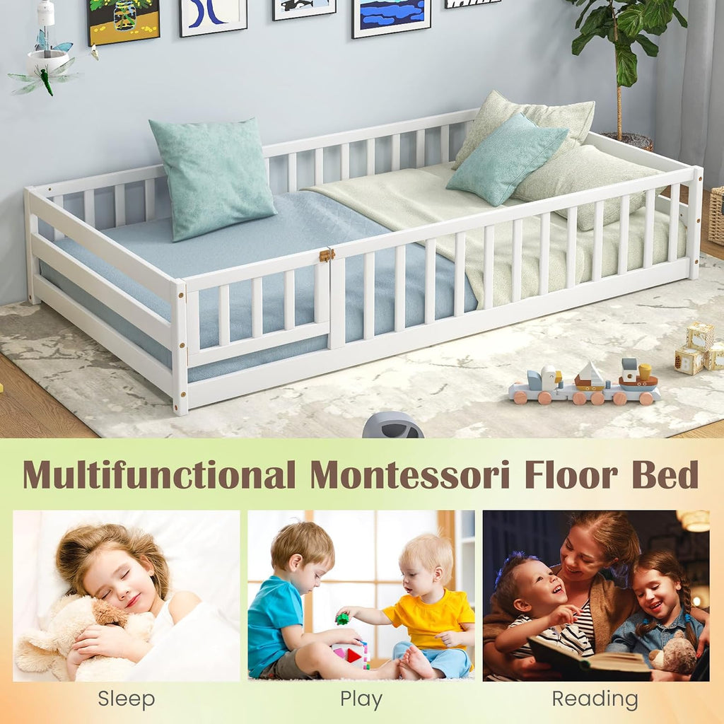 Twin Floor Bed for Kids, Wood Montessori Bed with Safety Guardrails, Floor Bed Frame for Kids, Boys, Girls, No Box