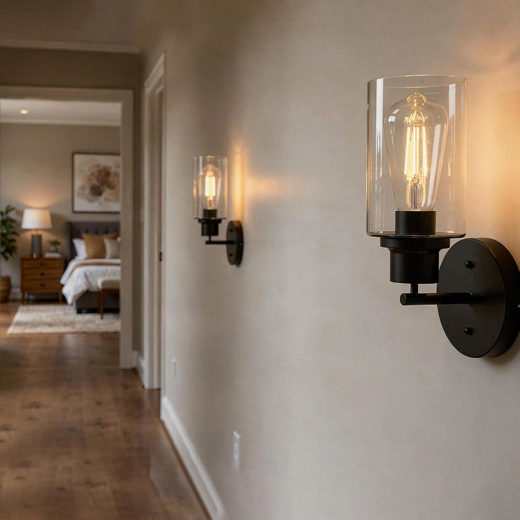 1-Light Black Bathroom Wall Sconce with Clear Glass Shade, Modern Vanity Light Fixture Over Mirror