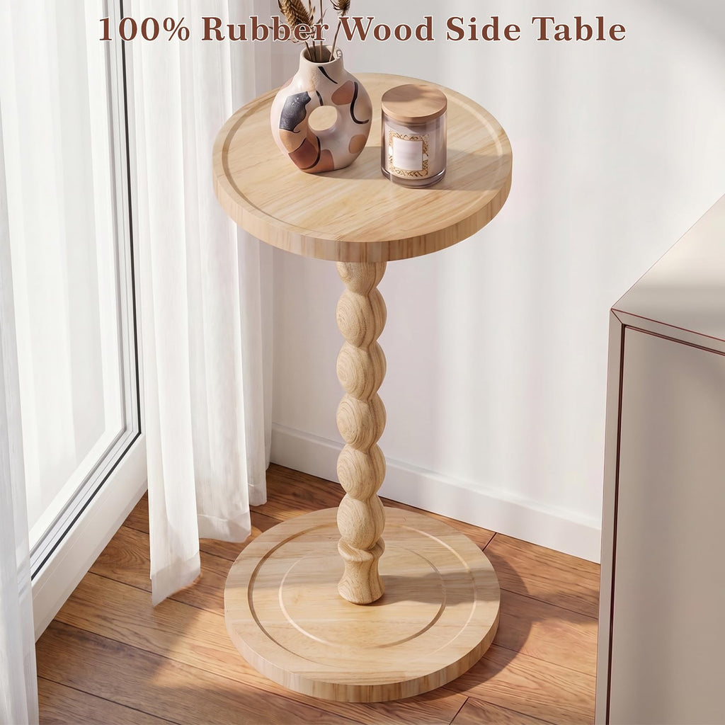 Small Round Side Table, Rubberwood‌ Drink Table for Small Spaces