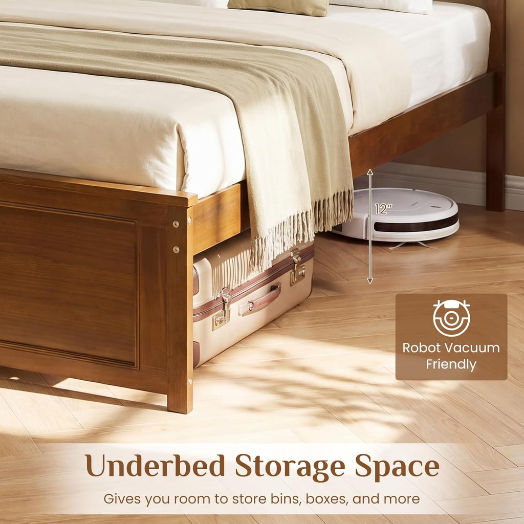 Wood Twin Bed Frames with Headboard, Farmhouse Solid Platform Bed w/Wooden Slat Support Mattress Foundation