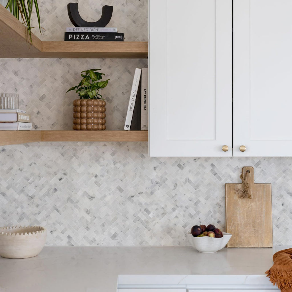 Herringbone Peel and Stick Backsplash Real Marble Tile, 5 Sheets