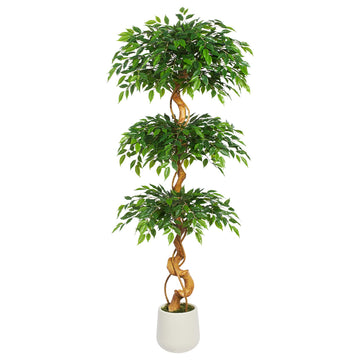 Artificial Ficus Tree with White Planter, 6ft Tall Fake Silk Plant Indoor, Lifelike Faux Tree with Yellow Curved