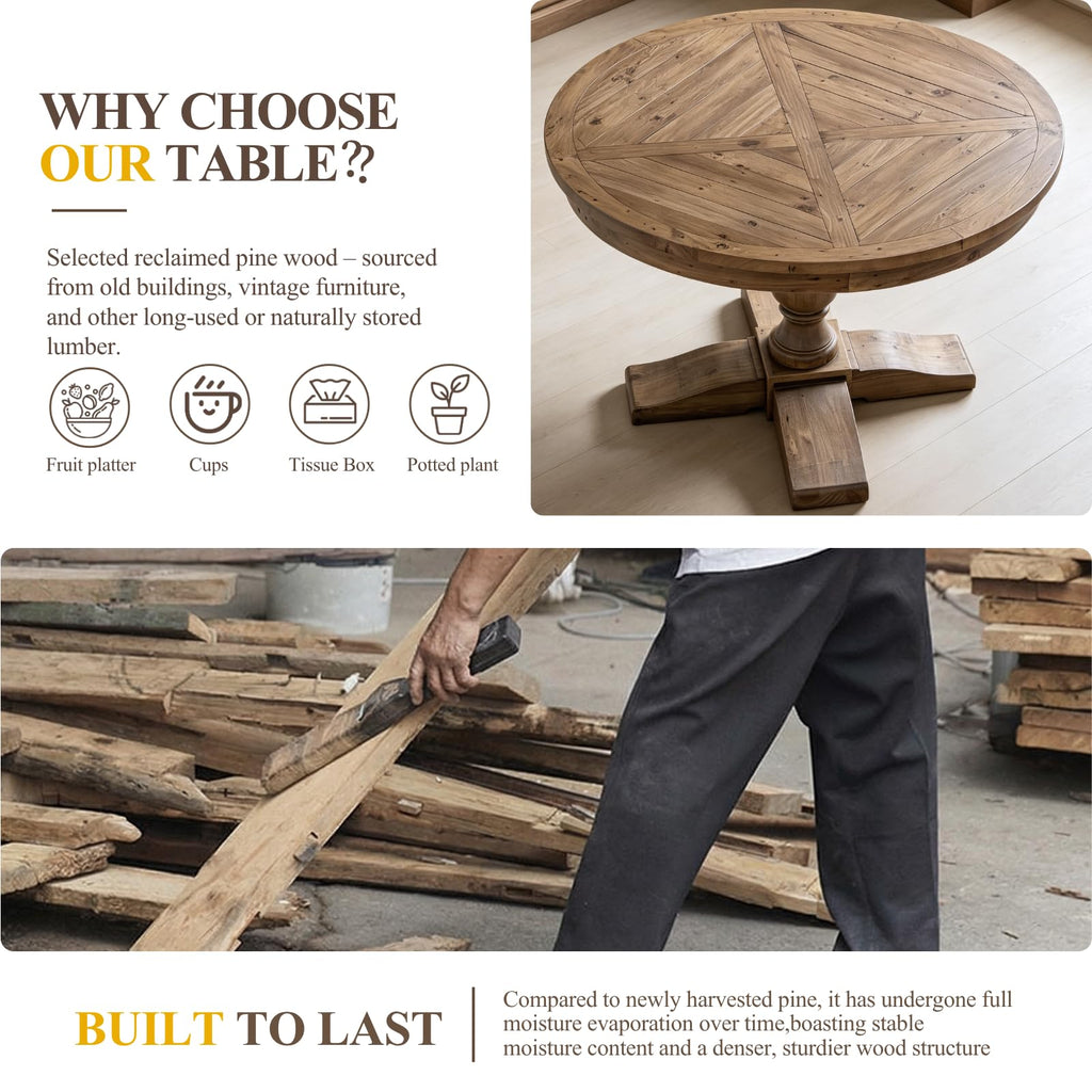 47" Round Dining Table with Wooden Pedestal Base, Reclaimed Pine Wood Dinner Table for 4, Heavy Duty Pedestal Table