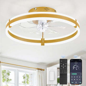 Ceiling Fans with Lights and Remote, 19.7'' Low Profile Ceiling Fan, 3000-6000K Dimmable Modern Flush Mount LED Fan Light, 6 Wind Speeds, Gold Fandelier Ceiling Fans for Bedroom