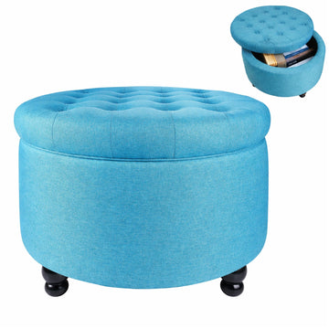 Large Button Tufted Accent Round Storage Ottoman Upholstered Ottoman with Storage, 24.4" x 24.4" x 16.9", Blue