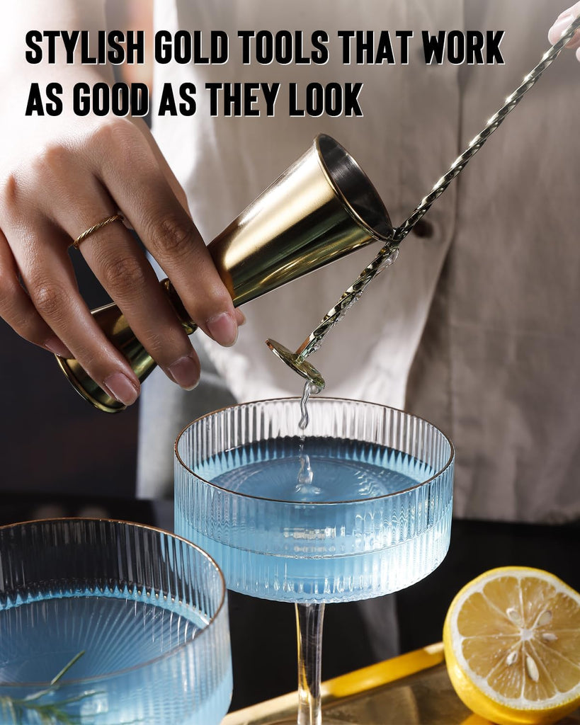 Gold Cocktail Shaker Set | 160oz Fashion Bartender Kit with Elegant Coupe Glasses, Gold Jigger, Mixing Spoon - Set of 3